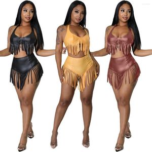 Women's Swimwear Sexy Tassel 2 Pieces PU Bikinis Sets Summer Faux Leather Beach Wear Women Backless Halter Bra Crop Top And Mini Shorts