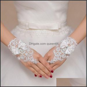 Five Fingers Gloves Bride Short Bow Tie Elastic White Lace Diamond Female Dance Performance Women Fingerless Etiquette Glove Drop De Otzdz