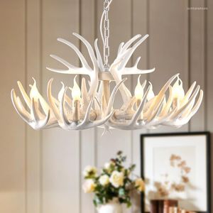 Chandeliers Retro Art Resin Antler Chandelier White Lampshade Horn Deer Lamp Kitchen Bar Restaurant El Modern