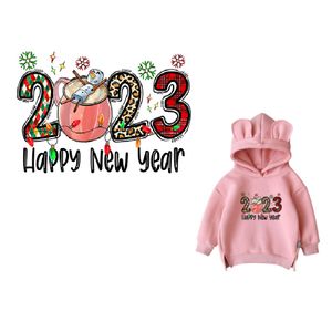 Notions 2023 Happy New Year Iron on Patches per abbigliamento Decalcomanie di trasferimento fai-da-te su magliette Felpe con cappuccio Fodere per cuscini Adesivi lavabili per trasferimenti di calore