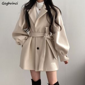 Kvinnors stickor Tee Solid Wool Blend Coat Slim Fit Belt Coats Kvinnlig Cotton Thicker V Neck Office Lady Elegant Trendy Button Outwear Ins 230110