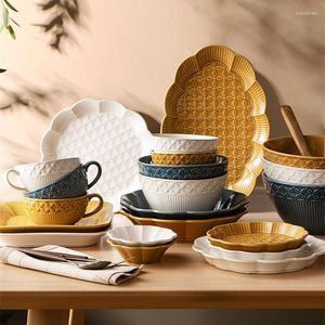 Plates Relief Feature Porcelain Dinner Kitchen Ceramic Dishes Rice Salad Noodles Bowl Square Tray Milk Coffee Cup Tableware