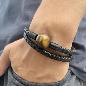 Bangle 2023 Punk Armband Men charm äkta läder rostfritt stål magnet smycken 16mm natursten pärlor armband mens gåva