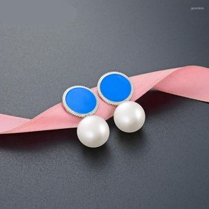 Stud Earrings Fashion Round Blue Enamel Earring Freshwater Pearl For Women Real 925 Sterling Silver Jewelry Gift Wholesale