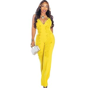 Женские комбинезоны снимают женщины глубокие V Nece Yellow Jumpsuit Romper Sexy Spaghetti Brap Drapevess Appliques Элегантные выхода Cl