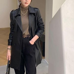 Women's Leather Elegant Womens Midi Length Blazer Coat Long Sleeve Lapel Faux PU Slim Jacket Female Workwear Trench Coats