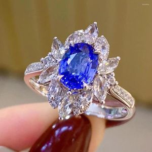 Cluster Rings Silver Luxury Blue Crystal Diamond Ring Group Inlay Imitation Natural Sri Lanka Sapphire for Women Fine Jewelry Party Gift