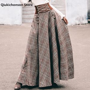 Skirts French Chic Vintage High Waisted Button Design Back LaceUp Corset Skirt Women Autumn Winter Thick ALine Long Maxi Wool 230110