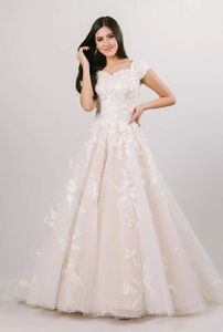 Lace Tulle Modest a-line Wedding Dresses With Cap Sleeves Buttons Back Ivory and Blushing Pink Classic Modest Bridal Gowns Short Sleeve