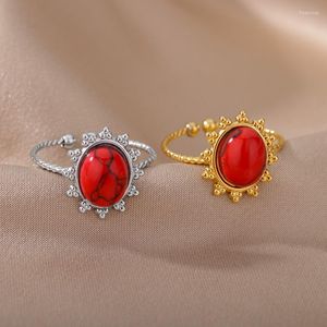 Pierścionki ślubne Czerwony kamień naturalny dla kobiet Pierścionek zaręczynowy ze stali nierdzewnej Regulowany Boho Vintage Biżuter