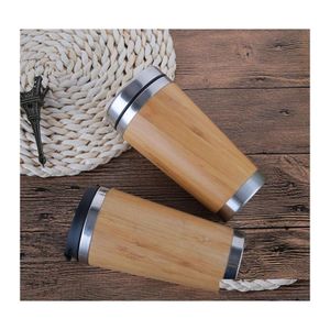 Water Bottles Natural Bamboo Stainless Steel Vacuum Cup Creative Environmentally Friendly Tumbler With Dust Proof Er Drop Delivery H Dhc0R