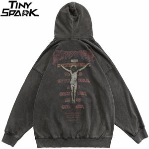 Men's Hoodies Sweatshirts Hip Hop Men Sweatshirt Hoodie Streetwear Jesus Letter Print Washed Pullover Autumn Harajuku Cotton Hooded Sweatshirt Black 230111