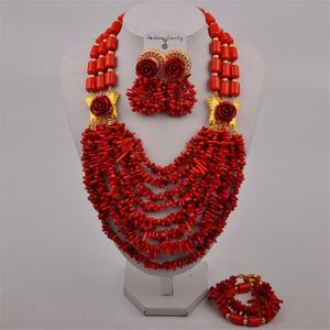 Ohrringe Halskette Rot Korallenschmuck Set Kostüm afrikanische nigerianische Hochzeitsperlen Braut 230110