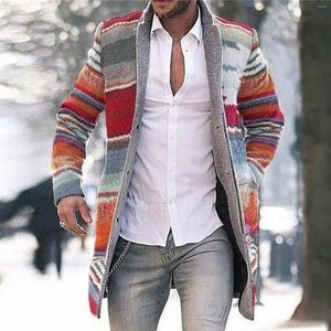 Herrtröjor långa jackor varma vinter överrockar cardigan casual trench coat randig outwear k2