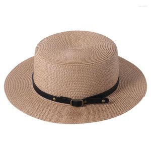Wide Brim Hats Women Straw Hat Adjustable Flat Top Beach Sun Caps With Stud Strap For Outdoor Seaside