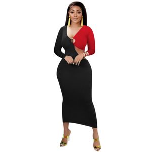 Yeni Toptan Uzun Kollu Elbiseler Kadınlar Sonbahar Kış Bodycon Elbise Seksi V Boyun İçi Dışarı Midi Elbiseler Sıradan Patchwork Party Wear Doubt Street Giyim 8475