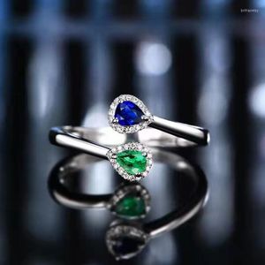 Cluster Rings Two-color Stitching Emerald Sapphire For Women Drop Ring Luxury Noble S925 Sterling Silver Opening Adjustable