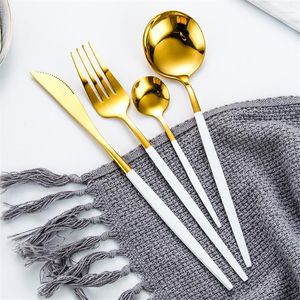 Dinnerware Sets 4Pcs White Gold Stainless Steel Knife Fork Spoon Tea Cutlery Set Kitchen Tableware Silverware Eco Friendly