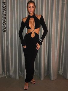 Casual Dresses Boofeenaa Hollow Out Backless Long Sleeve Maxi Fashion 2023 Elegant Black Party Dress Womens Sexig Club Wear C82-CG33