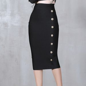 Skirts Summer Elegant Midi Pencil High Waist Bandgae Black Elastic Bandage Button Women Clothes 230110