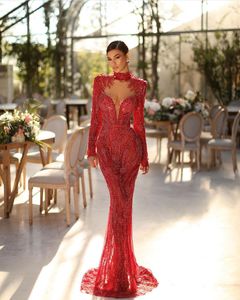 Czerwony Prom Mermaid V Neck długie rękawy kantar 3D koronkowe aplikacje błyszczące cekiny z koralikami długość podłogi celebrytka formalne sukienki wieczorowe plus size na zamówienie