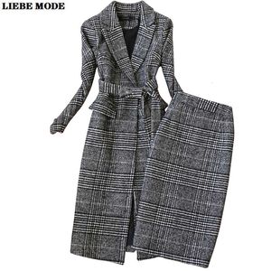 Women's Plaid Two-Piece Suit Set - Autumn Winter Long Trench Coat & Knee-Length Skirt, Korean Formal Workwear