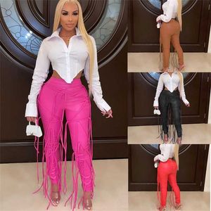 2023 New Spring Autumn Women Casual Pu Leather Pants Designer Rope Tie Tight Leggings Sexy High Waist Plus Size Bodycon Capris