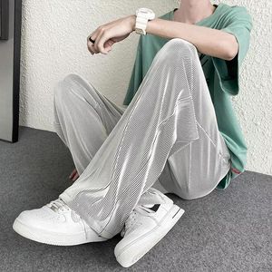 Men's Pants IN Summer Men Casual Trousers Thin Ice Silk Solid Color Elastic Waist Straight Loose Comfortable Streetwear