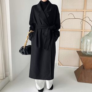 Women's Knits Tees Wool Long Coat Autumn and Winter Simple Casual Loose Laceup Windbreaker Jacket with Sashes Black 230111