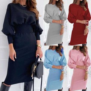 Autumn Lazada Dress Casual Solid Color Round Neck Waist Trimming Sheath