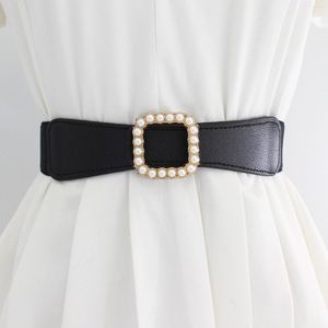 Bälten kvinnor vintage bred elastiskwaist bälte klänning midja tröja päls elastisk tätning pärla rund spänne