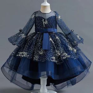 Königsblaue Boho-Blumenmädchenkleider mit Blumenmuster, Kindergeburtstags-Festzug-Kleider für Fotoshooting, Tüll-Pailletten, hoch niedrig, Erstkommunion-Kleid