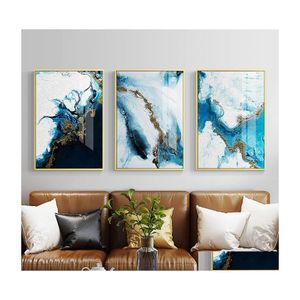 Dipinti Nordic Astratto Colore Spalsh Blu Dorato Tela Pittura Poster E Stampa Decorazioni uniche Immagini di arte della parete per soggiorno B Dhu95