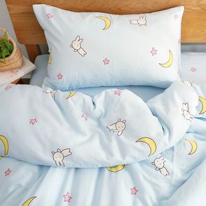 Sängkläder set tecknad anime måne söt flicka blå täcke täcke lakan kudde bomull dubbel lager garn täcke set