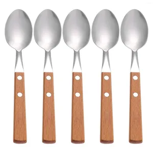 Dinnerware Sets 5pcs Spoons Stainless Steel Dessert With Wooden Handles Tea Stirring For Coffee Jam Bath Salts