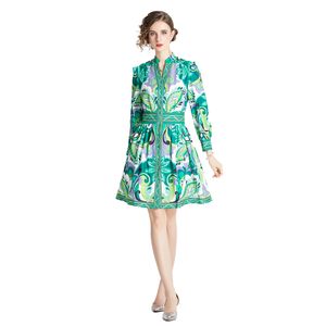 Kadın Butik Baskı Uzun Kollu 2023 İlkbahar Sonbahar Gömlek Elbise Üst düzey Lady V-Neck Yüksek Bel Elbiseleri222