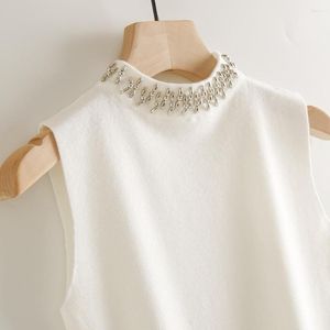 Frauen Tanks Vintage Perlen Gestrickte Frauen Weste Sommer Solide Oansatz Ärmellose Elegante Weibliche Zieht Tops Tees