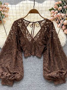 Women's Blouses Shirts Autumn Black/White/Brown Sexy Lace Blouse Women Elegant V-Neck Puff Long Sleeve Open Back Short Tops Female Party Blusas 230111