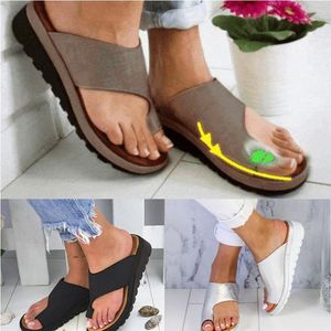 Slippers Women Shoes PU Leather Comfy Platform Flat Sole Ladies Casual Soft Big Toe Foot Correction Sandal Orthopedic Bunion Corrector-C