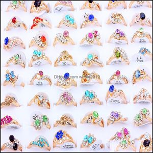 Band Rings Wholesale Lots Mixed Style 50Pcs Colorf Flower Cz Rhinestone Golden Ring Wedding Engagement Gift Fashion Jewelry Drop Deli Dhms1