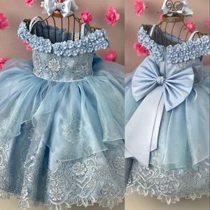 2023 Light Blue Flower Girls Dresses For Weddings Off Shoulder Spaghetti Straps Hand Made Flower Birthday Children Tulle Girl Pageant Gowns Floor Length
