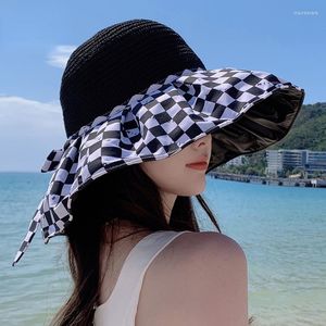 Brede randmutten mode dambord stikselzon hoed lente en zomer grote zonneschade Koreaanse zwarte plastic dames