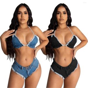 Women's Swimwear Sexy Jean Swimsuit Women 2 Pieces Set Tassled Denim Halter Drawstring Bra Mini Shorts Women's Party Club Bikini Suit