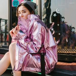 Kvinnorjackor Pink/Silver Hop 2023 Hip Jacket Kvinnor Bright Pu Loose Streetwear Clothing Rock Punk Coat Outwear Qt30