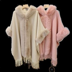 Women's Wool Blends Winter Faux Rex Rabbit Fur Coat Cape Women Loose Tassels Hooded Cardigan Cloak Overcoat Poncho Feminino Inverno 230111