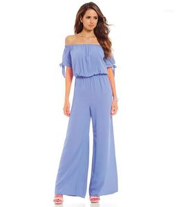 Kvinnors jumpsuits Rompers 2023 Spring Ladies Casual Chiffon Off Shoulder Slash Neck Full Length Pants Romper Women Solid Streetwear Plus S