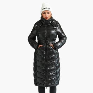 Women's Down Parkas SANTELON Winter Windproof Long Coats For Women Casual Black Thick Warm Puffer Jackets With Belt Fashion Hooded Outerwear 230111