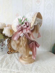 Party Supplies Pastoral Lolita Hat Mori Flower Straw Lace Bonnet Tea Flat Korean Powder Cosplay Hair Accessories Christmas