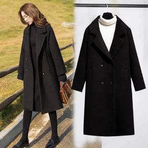 Women's Knits Tees Women Fashion Black Woolen Coat Autumn Winter Long Slim Double Breasted Wool Jacket Thick Warm Female Elegant Tops Y760 230111