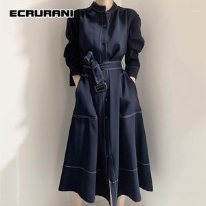 Casual Dresses ECRURANI Lace Up Patchwork Elegant Dress For Female Stand Collar Long Sleeve High Waist Solid Midi Females 2023 Clothing